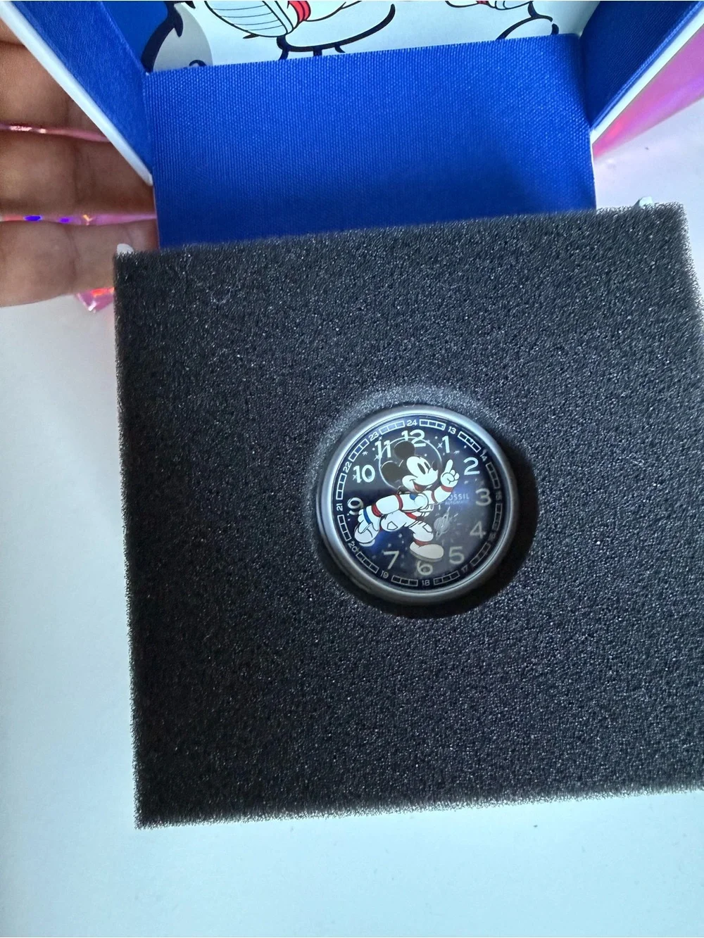Fossil White Strap Watch with Blue and Black Mickey Dial